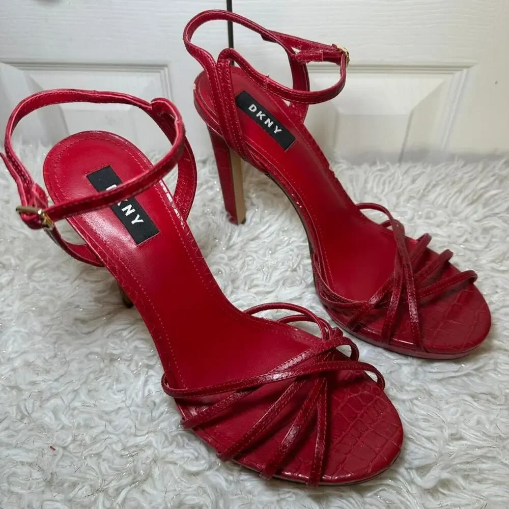 DKNY red strappy heels ankle strap y2k sandals